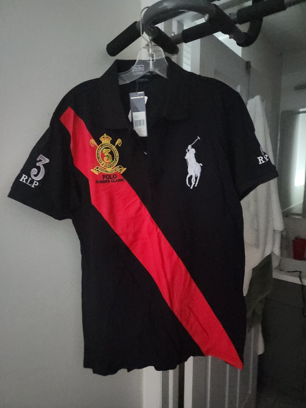 Ralph Lauren Black Polo with Red Diagonal Stripe and Crest Patch